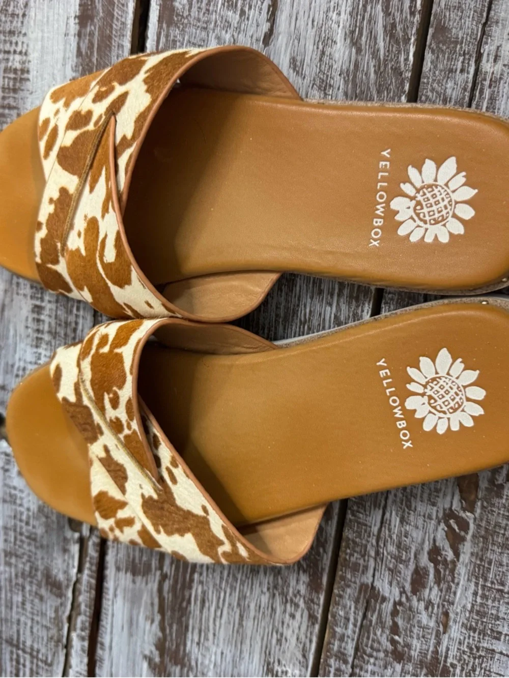 Yellow Box Tan & Cream Cow Print Crossband Slide Sandals - Picture 3 of 6